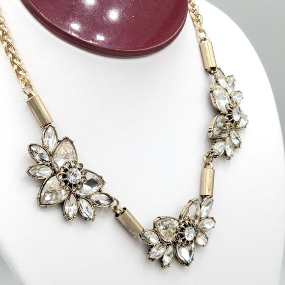 Express Floral Gold Tone Necklace Prong Set Cabochons Crystal Accents 16" - Picture 5 of 9